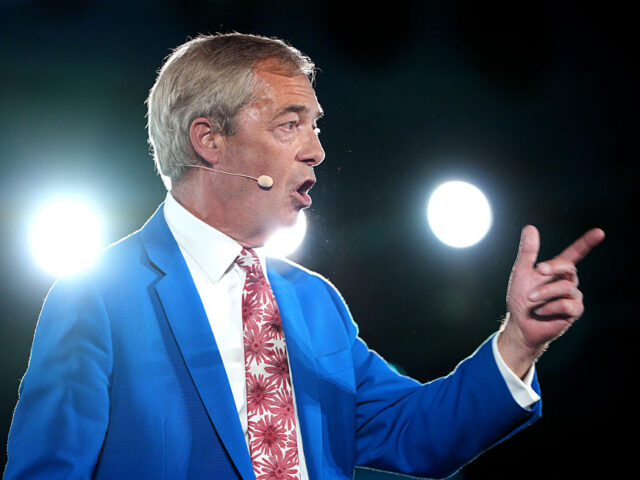 DONCASTER, ENGLAND - OCTOBER 01: Reform UK Leader Nigel Farage speaks during a Reform UK r