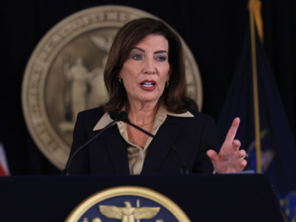 NEW YORK, NEW YORK - OCTOBER 02: New York Governor Kathy Hochul speaks at a news conferenc