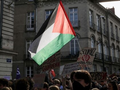 Large student demonstration with high school and university students holding a palestinian