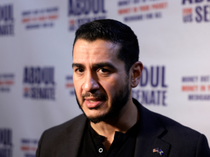 Democrat US Senate candidate Abdul El-Sayed speaks with reporters after a rally at the McM