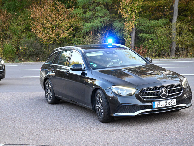 GERMANY-JUSTICE-HANNING A police convoy arrives at the German Federal Supreme Court (Bundesgerichtshof)in Karlsruh