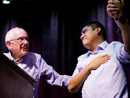 MS NOW - BAKERSFIELD, CALIFORNIA - OCTOBER 04: U.S. Sen. Bernie Sanders (I-VT), L, stands