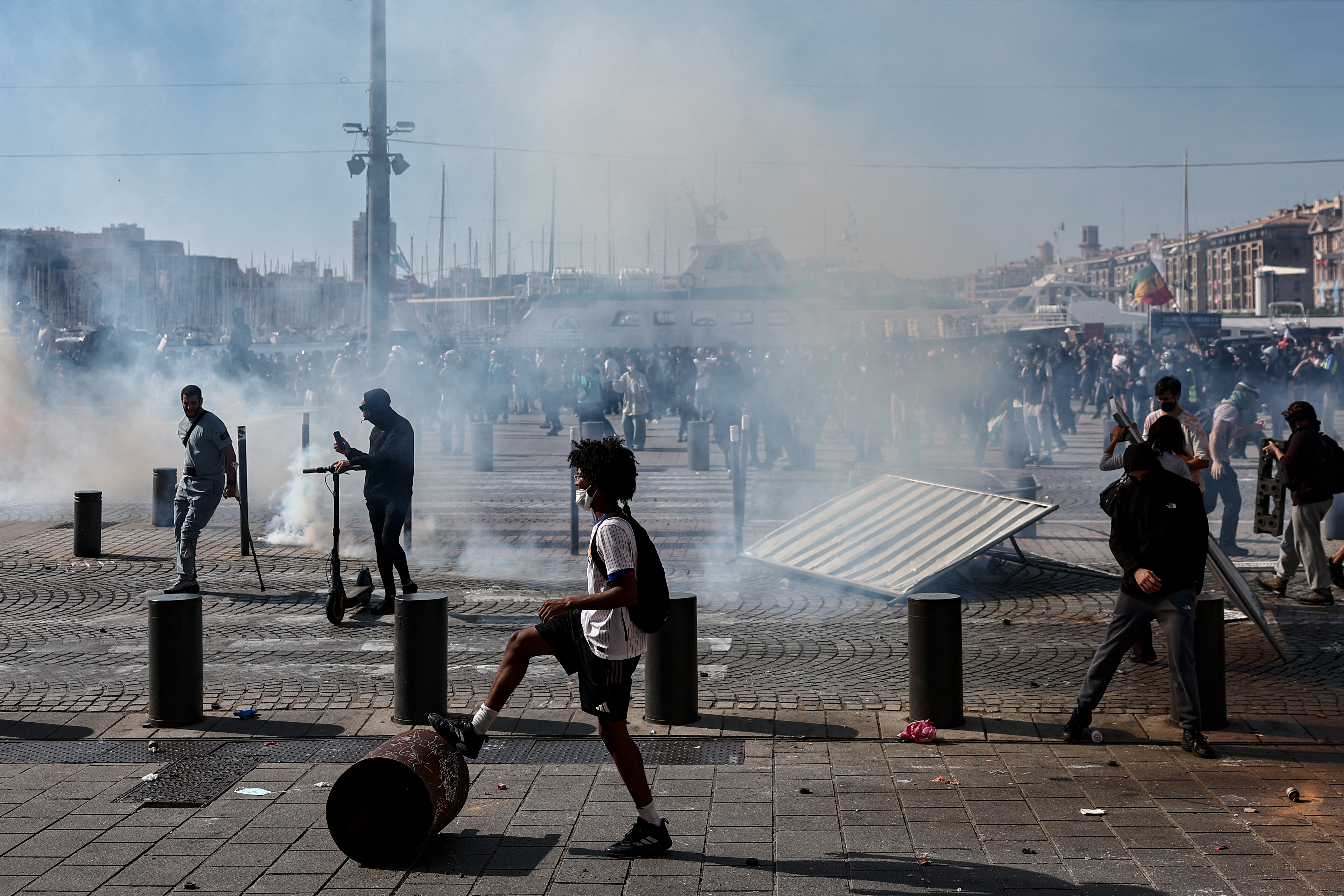 Protesters take part in a demonstration against the "high cost of living", in Marseille, southern France, on October 17, 2026 as part of a nationwide call for mobilisation bringing together various groups expressing their anger: former "Yellow Vests", secondary school and university students, climate activists and even farmers. After weeks of student protests, France faces broader, nationwide demonstrations on October 17, 2026 over the cost of living, setting up a potentially fraught six months heading into a presidential election. A police source told AFP that authorities estimated nearly 200,000 people could take part, with 40,000 in Paris. (Photo by Thibaud MORITZ / AFP via Getty Images)