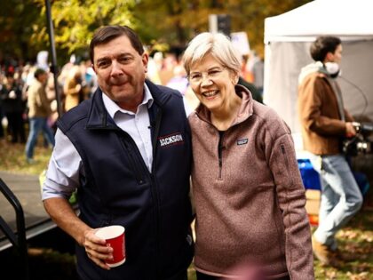 Democratic candidate for US Senate Troy Jackson (L) and US Senator Elizabeth Warren, Democ