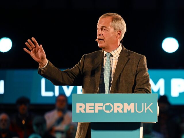 PLYMOUTH, ENGLAND - OCTOBER 20: Reform leader Nigel Farage speaks during a rally on Octobe