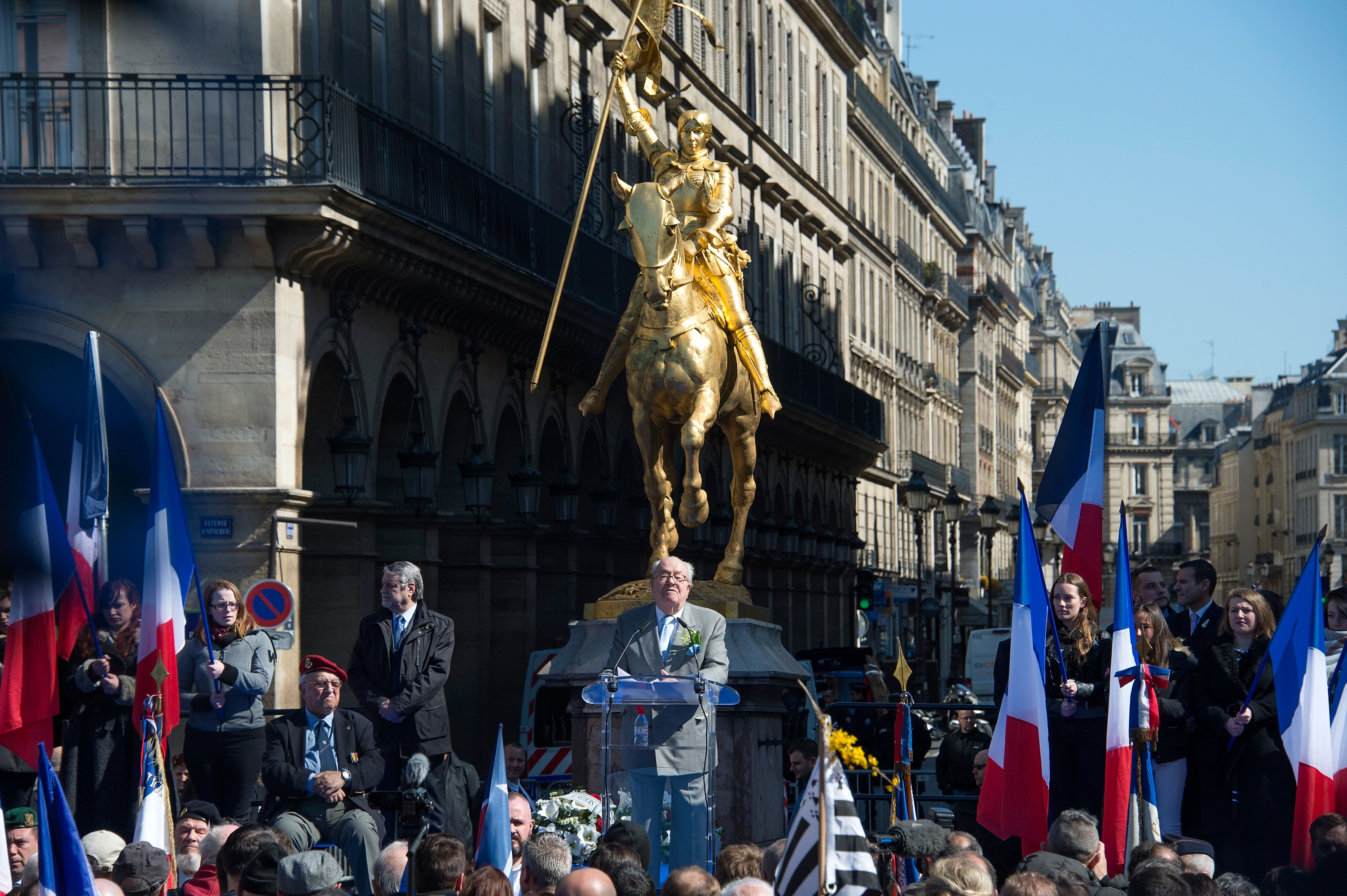 PARIS, FRANCE - MAY 01: France's far-right Political Party Front National (FN) founder and honorary President, Jean-Marie Le Pen addresses the crowd on stage during the party's annual rally honoring Joan of Arc on May 1, 2016 in Paris, France. Annually over 1000 people from the FN Party demonstrate on May 1st. (Photo by Aurelien Meunier/Getty Images)