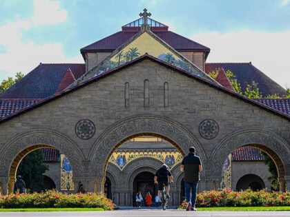 A view of the Stanford University Main Quad and the Memorial Church in Stanford, Californi