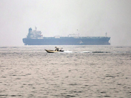 A vessel transits the Gulf of Oman off the coast of Khor Fakkan in the emirate of Sharjah