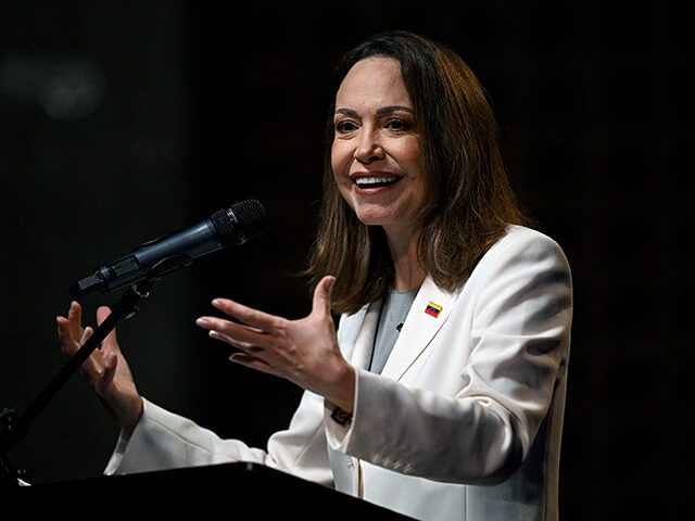 Venezuelan opposition leader and Nobel Peace Prize laureate Maria Corina Machado speaks du