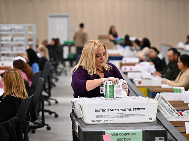 FILE - A worker sorts ballots at the L.A. County Ballot Processing Center during the Calif