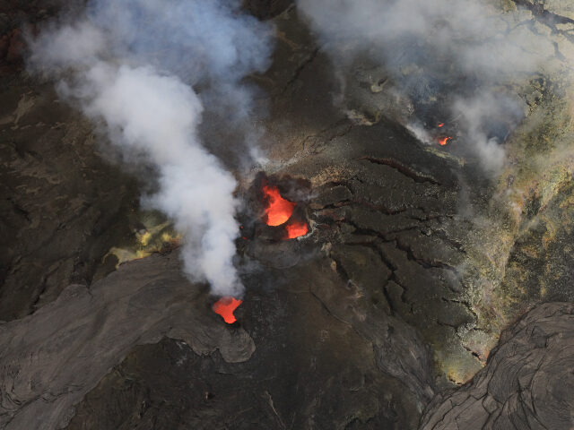 This image provided by USGS shows a aerial view of the north, bottom right, south, left, a