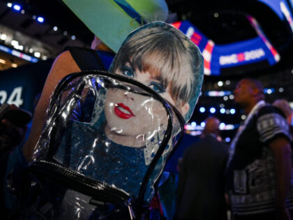 CHICAGO, ILLINOIS - AUGUST 21: An attendee wears a backpack with a Taylor Swift sign durin