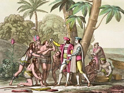 columbus arrival Christopher Columbus with Native Americans, 1492-1503 (c1820-1839). Columbus (1451-1506) m