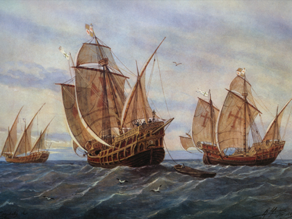 Watercolor painting depicting the three ships from Christopher Columbus’s first voyage.
