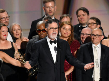 US comedian and writer Stephen Colbert accepts the award for Outstanding Variety Series fo