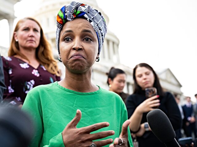 Representative Ilhan Omar, a Democrat from Minnesota, speaks to members of the media follo