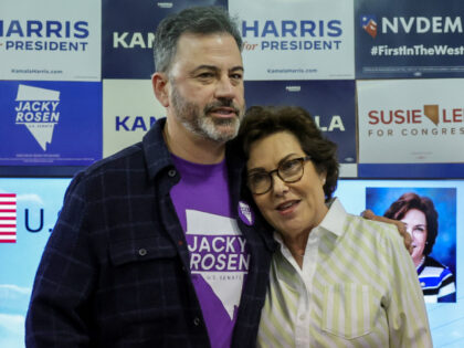 LAS VEGAS, NEVADA - OCTOBER 21: Jimmy Kimmel (L) is introduced by U.S. Sen. Jacky Rosen (D
