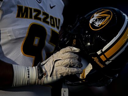AWRENCE, KS - SEPTEMBER 11: A Mizzou branded helmet on display during the game between the