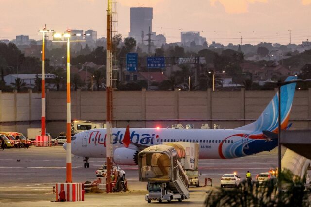 A flydubai Boeing 737 MAX 8 aircraft is pictured on the tarmac after landing at Israel