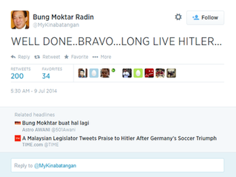 'LONG LIVE HITLER' Tweeted by Malaysian Politician Bung Mokhtar Radin After Germany Win