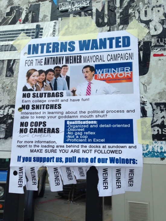 No Sl*tbags: Fake Weiner For Mayor 'Interns Wanted' Flyers Spotted In NYC